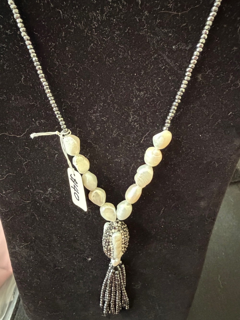 Hand Crafted Cream Pearl Necklace with Hematite Tassel Accent